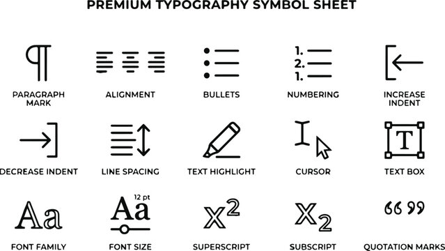 Professional typography and text formatting tools icone set for graphic design and digital document editing software interfaces