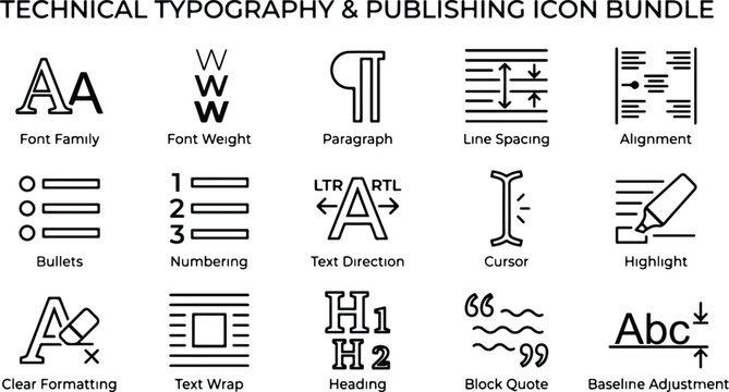 Technical typography and publishing icone set featuring various graphic design and document editing symbols for professional layouts