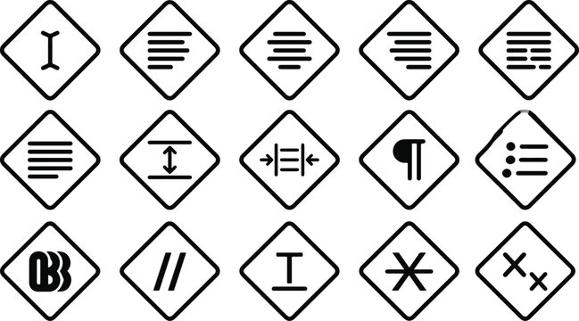 Professional text formatting and typography icone set featuring various alignment and paragraph editing symbols for digital design interfaces