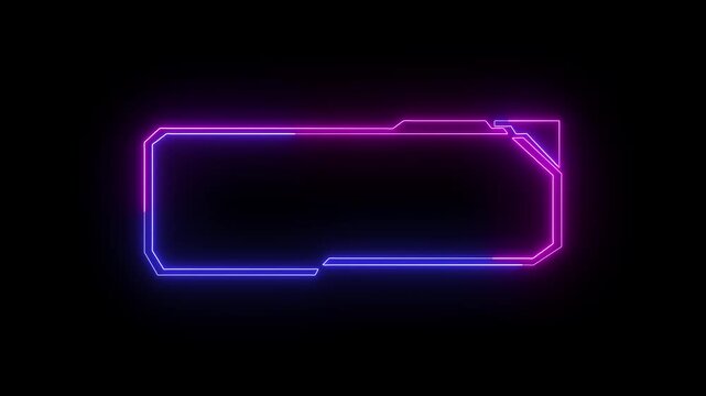 Neon frame elements project purple and blue glowing accents across black. Cyberpunk video presentation packages integrate this neon frame asset. Digital neon frame borders shine.