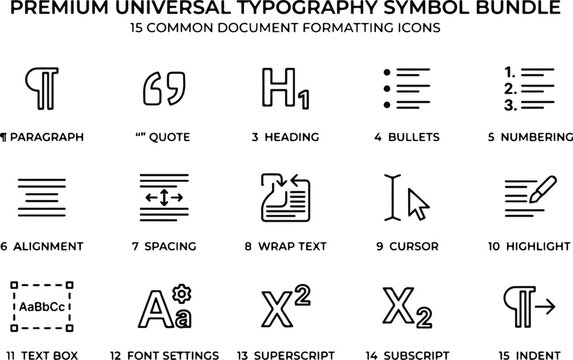 Premium universal typography symbol bundle featuring a comprehensive professional graphic design icone set for digital layout editing
