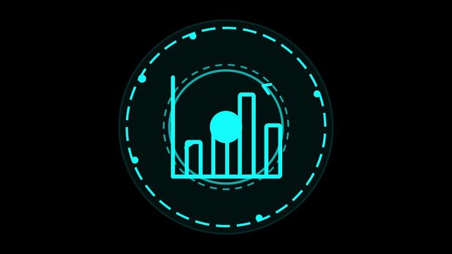 Digital interface circle containing a glowing bar chart data analytics symbol designed with neon cyan light lines for modern software UI dashboard display