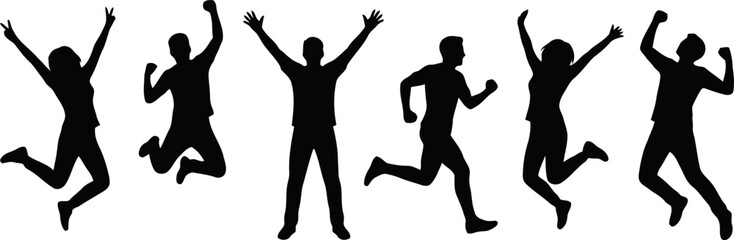 Set of happy jumping and running people silhouettes