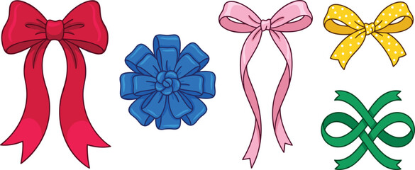 Obraz premium Ribbon bow set featuring colorful decorative bows including red satin bow blue flower rosette pink thin ribbon yellow polka dot and green knot vector