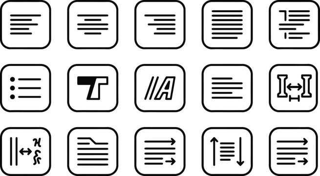 Hand drawn text formatting and document alignment icone set for graphic design and word processing software applications