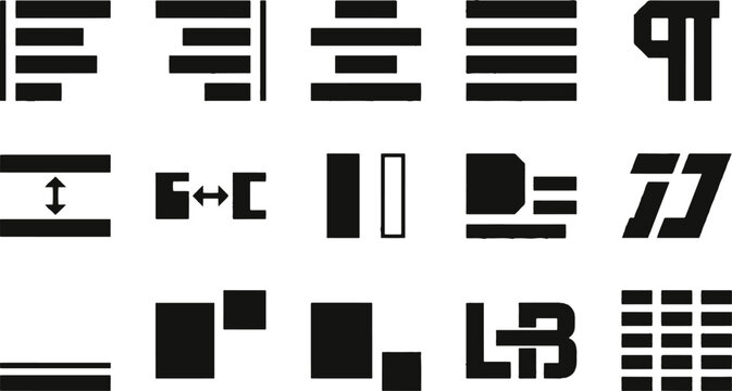 Professional text alignment and document formatting icone set for graphic design and user interface software applications