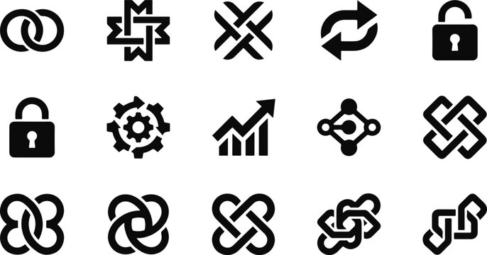 A comprehensive black and white vector icone set featuring various abstract shapes symbols and business interface elements