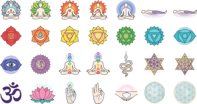 Set of colorful chakra icons, meditation symbols, yoga poses, spiritual elements, and sacred geometry vector illustrations.