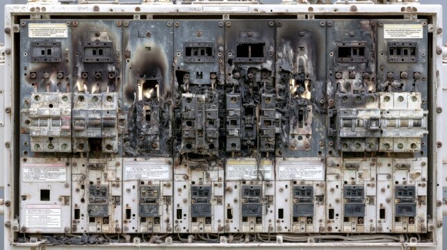 Industrial Motor Control Panel with Smoke Stains and Damage from Electrical Failure and Overheating