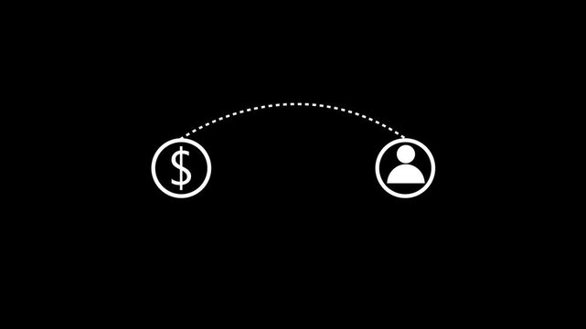 Financial transaction icon animation with dollar coin transfer to user, digital payment and money transfer concept on black background, 4K motion graphic
