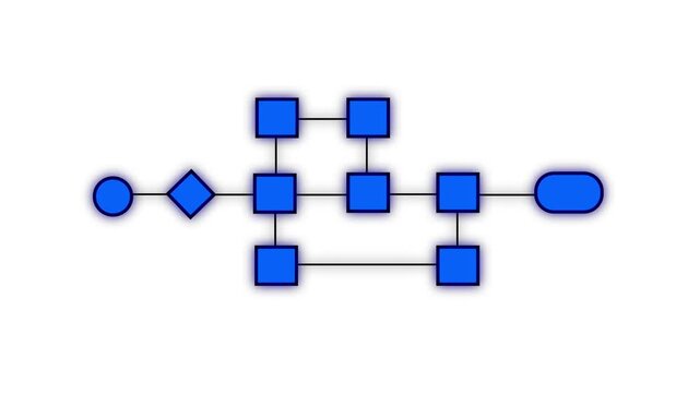Animated flowchart process diagram with connected blue nodes and geometric shapes