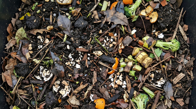 Fresh organic compost soil mixed with small green garden waste and brown dry leaves in a backyard garden container