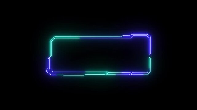 Neon frame graphics project blue and cyan glowing lines across dark space. Contemporary video presentation toolkit integrate this neon frame asset. Digital neon frame borders glow.