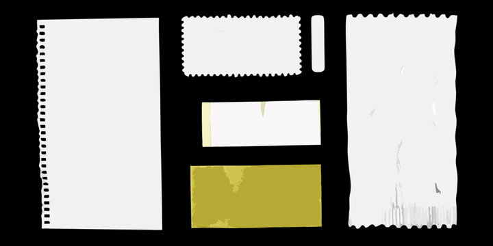 torn paper pieces realistic collage on black background edges fragments sheet stripes perforation