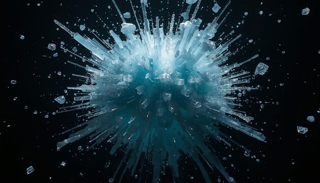 Abstract Ice Explosion: A dynamic, high-speed shot captures an explosive burst of ice shards and fragments against a stark black background, creating a mesmerizing visual of frozen energy.