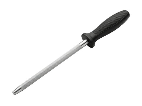Kitchen knife sharpener steel tool with black handle on transparent background