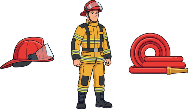 Firefighter Standing with Helmet and Hose in Background Featuring Uniform, Boots, Gloves with Protective and Gear Elements