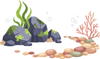 Underwater sea world vector landscape element with marine stones coral reefs green seaweed and pebbles isolated on white background for aquarium designs © Mst