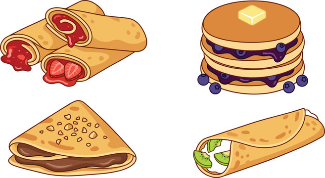 PrintDelicious breakfast pancake crepe and crepe roll vector icon set with sweet fruit fillings isolated on white