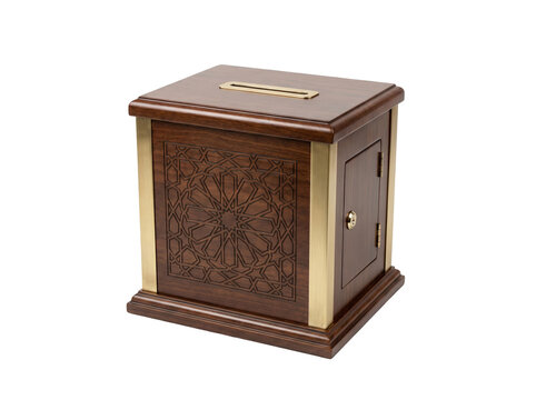 Wooden donation box with golden ornaments and slot on transparent background
