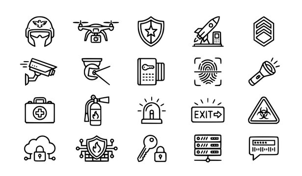 Security and Surveillance Line Icons Collection Featuring Protection Emergency and Defense System Symbols