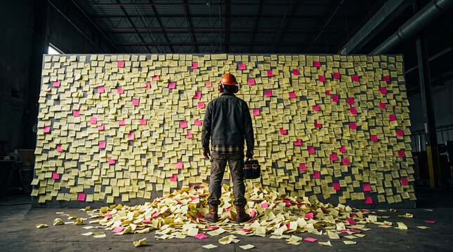 A lone worker stands before an overwhelming wall of sticky notes, symbolizing the complexity of project management, strategic planning, and comprehensive task organization