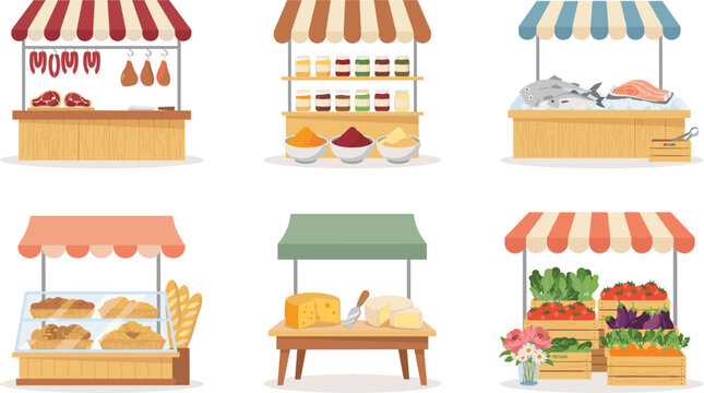 Outdoor street food market stall vector icon set featuring meat, spices, fresh seafood, bakery bread, cheese, and vegetables isolated on white background