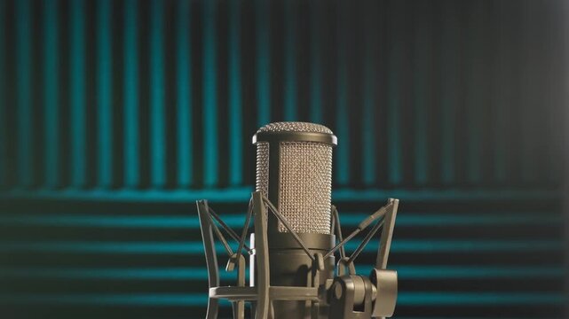 Slow motion colorful studio shot of voiceover dialogue podcast microphone on stand in close-up detail with acoustic foam in recording space with dark background and bright lighting of broadcast vo mic