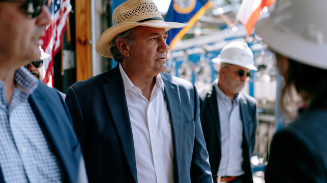 Domestic manufacturing advocate tours senators through restored textile spinning facility, state flags near entrance, operational looms audible, diverse political and industry group in hard hats obs