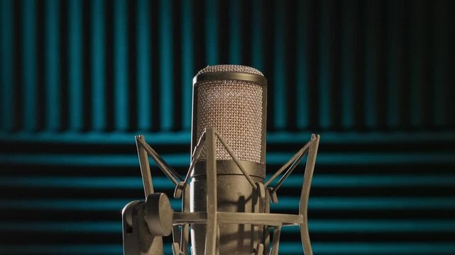 Slow motion colorful studio shot of voiceover dialogue podcast microphone on stand in close-up detail with acoustic foam in recording space with dark background and bright lighting of broadcast vo mic