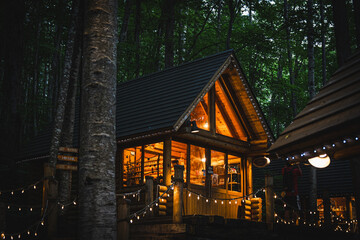 Fototapeta premium Cabin forest night wood light porch tree lodge rustic warm retreat glowing with lamp and string light among tall woodland cozy travel shelter for nature vacation