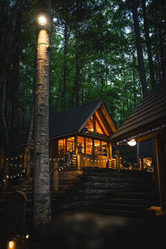 Cabin forest night light wooden lodge, warm window glow beside stair, deck, tree, lamp, and string light creating woodland retreat atmosphere at dusk