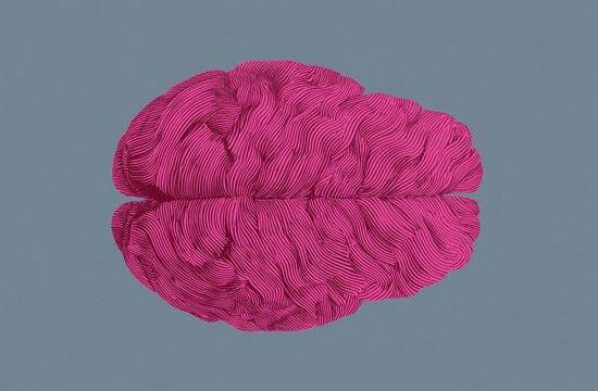a human brain from a superior perspective the brain is rendered in a bright magenta hue using a vintage woodblock print style with dense, parallel curved lines Generative AI

