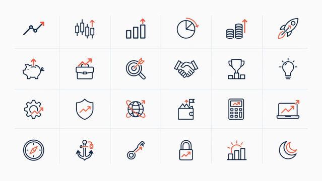 Professional set of finance and marketing business growth strategy icons with marketing