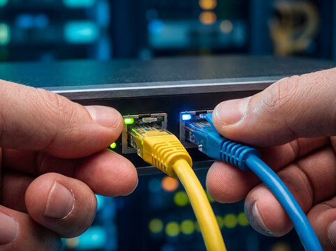 Hands connecting Ethernet cables into a network switch, wired internet setup, data transfer, communication technology, IT infrastructure.