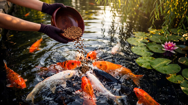Hands pouring fish food for colorful koi fish in a pond, animal feeding, aquatic care, peaceful garden, outdoor nature.