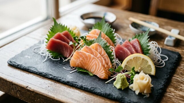 Exquisite sashimi platter with pristine salmon and tuna slices arranged on dark slate, fresh shiso leaves, daikon garnish, lemon wedges, and wasabi for authentic Japanese fine dining experience