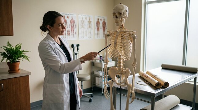 Female healthcare professional examining detailed human skeleton model in bright modern medical education office with anatomical posters and teaching materials visible on desk
