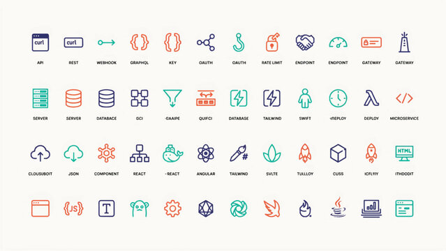 Set of modern web development and cloud computing software icons with development