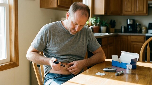 Middle-aged man in plain gray t-shirt examines his abdomen at sunlit wooden kitchen table, pinching skin near diabetes test kit and medical supplies, monitoring health and body composition