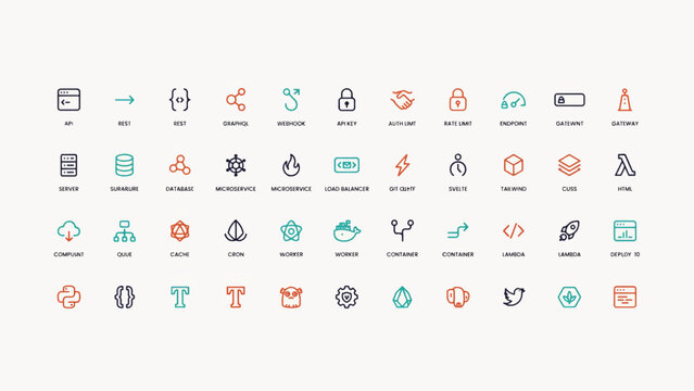 Set of various web development and programming infrastructure line icons with software