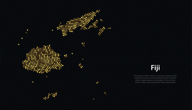 Fiji map made of golden squares on a dark circular grid background