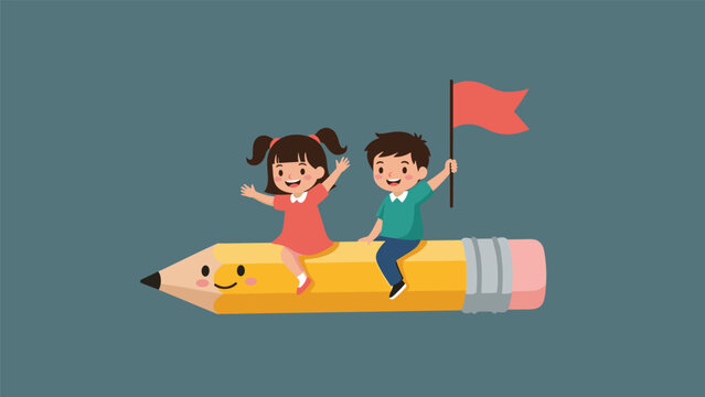 Happy boy and girl wearing colorful clothes riding together on a giant flying yellow cartoon pencil with a red flag.
