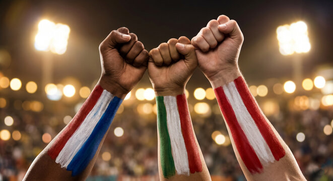 Painted fists flags stadium sports scene