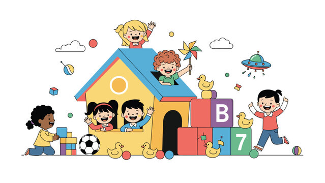 Happy group of diverse children playing together in a toy house with blocks, balls, and rubber ducks in a playroom.