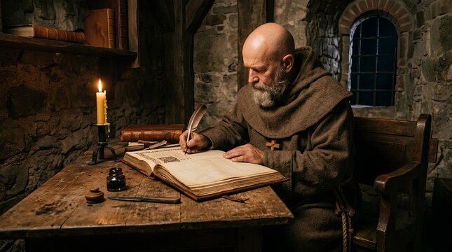 Medieval Monk Writing Illuminated Manuscript in Monastery Scriptorium with Quill Pen and Candlelight, Bald Franciscan Friar in Brown Robe Creating Sacred Leather-Bound Book in Stone Chamber