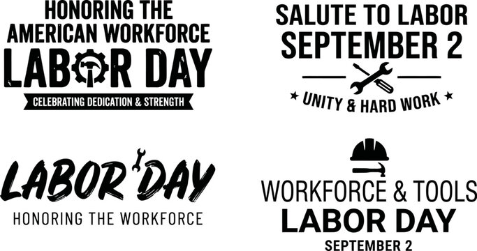 Labor Day celebration banners with slogans and icons emphasizing workforce recognition and labor appreciation