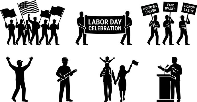 Labor Day Celebration Scene with People Holding Flags and Speeches and Musical Performance