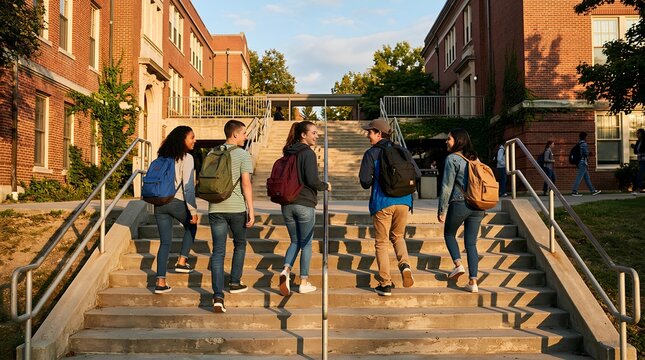 Diverse Group of Five Teenage Students Walking Up Wide Concrete Outdoor Staircase at Modern Red Brick High School Building, Carrying Backpacks, Back to School Education Concept, Sunny Day