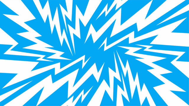 Abstract dynamic explosion with sharp zigzag lightning shapes in blue and white. Energetic comic burst pattern suitable for pop art, action themes, speed effects, and modern graphic